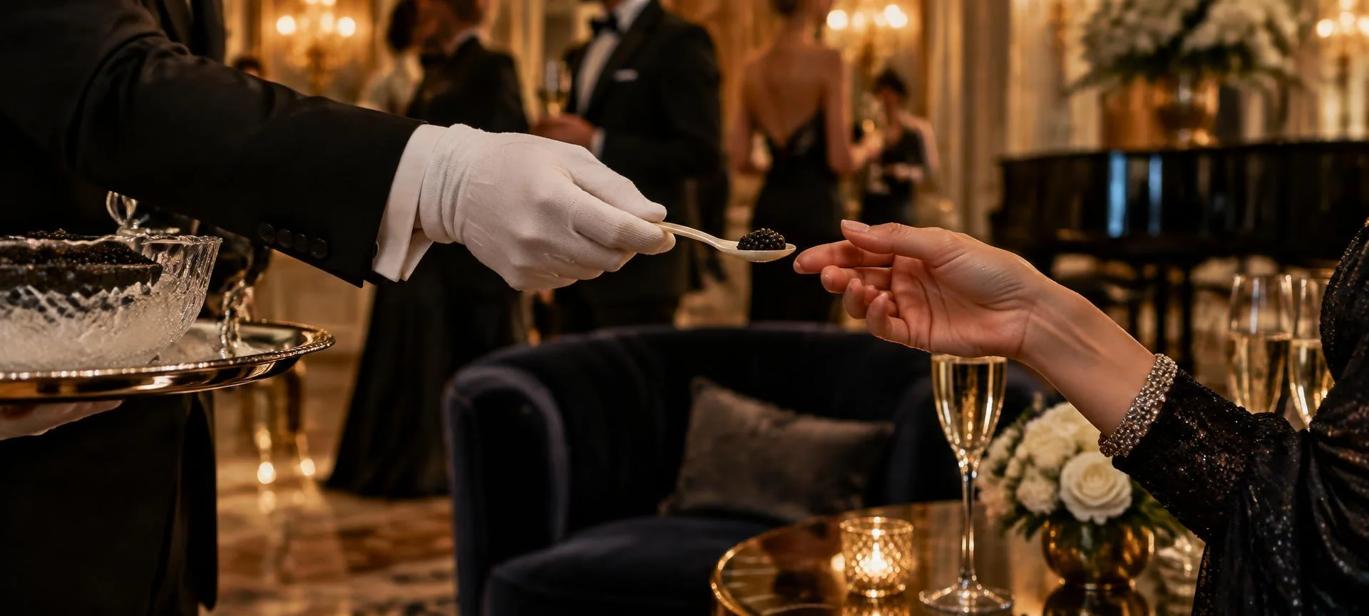 Création éditoriale IA : caviar présenté sur une cuillère en nacre lors d'une réception en soirée