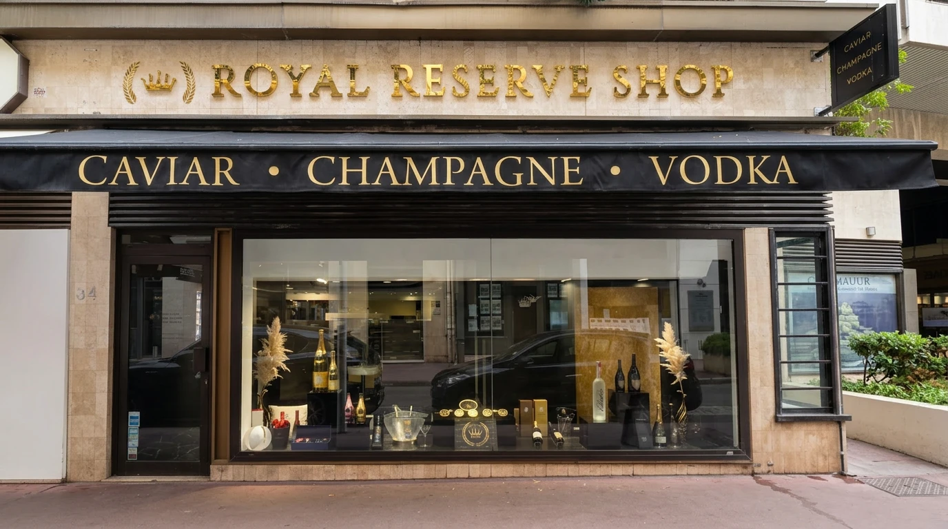 Enseigne et vitrine de Royal Reserve au 34 rue des États-Unis à Cannes, photographie retouchée