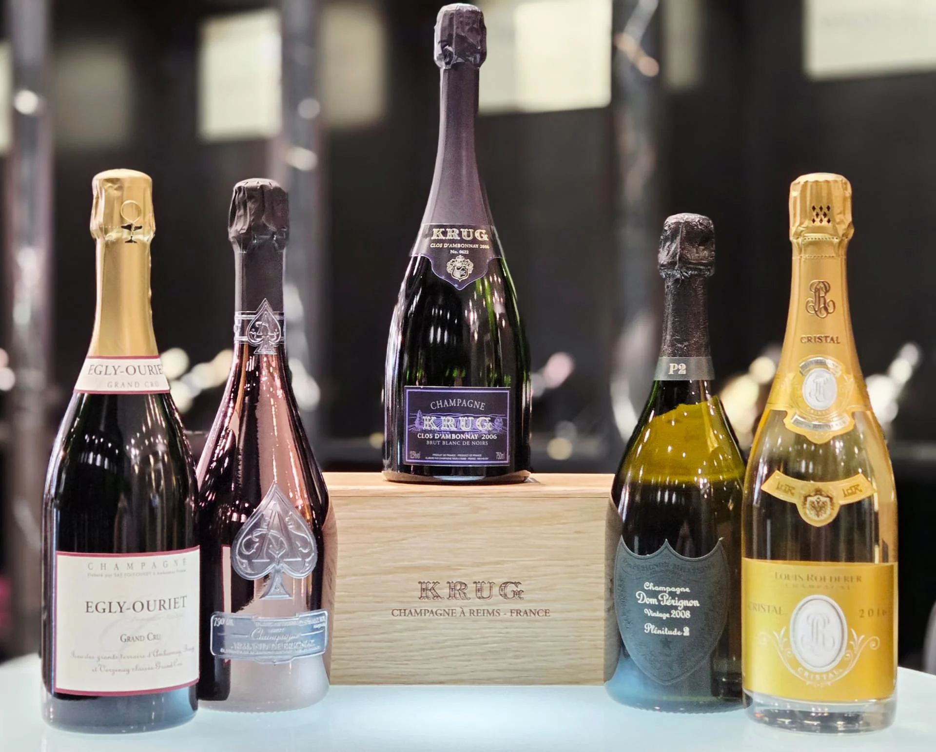 Photographie produit : la sélection de champagnes Royal Reserve — Egly-Ouriet, Armand de Brignac, Krug, Dom Pérignon et Louis Roederer