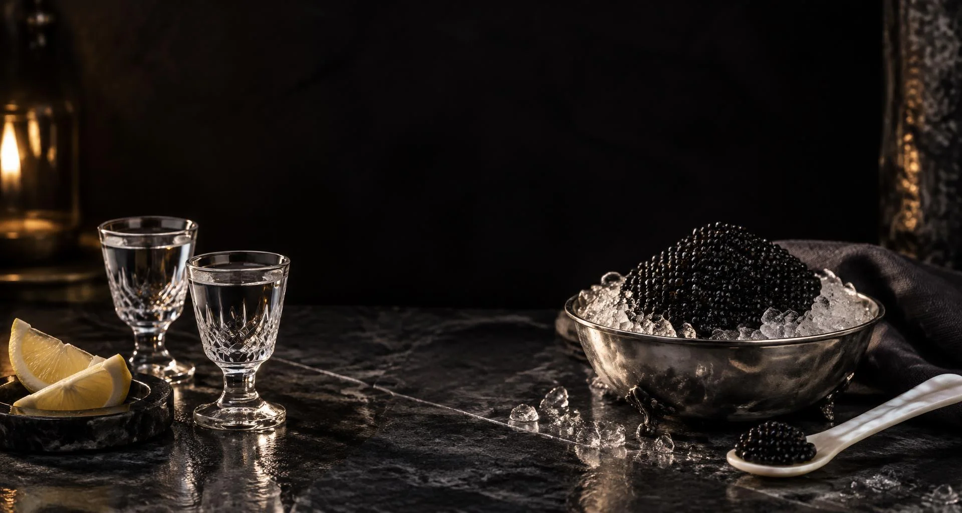 Création éditoriale IA : caviar sur glace, cuillère en nacre et deux verres de vodka en cristal