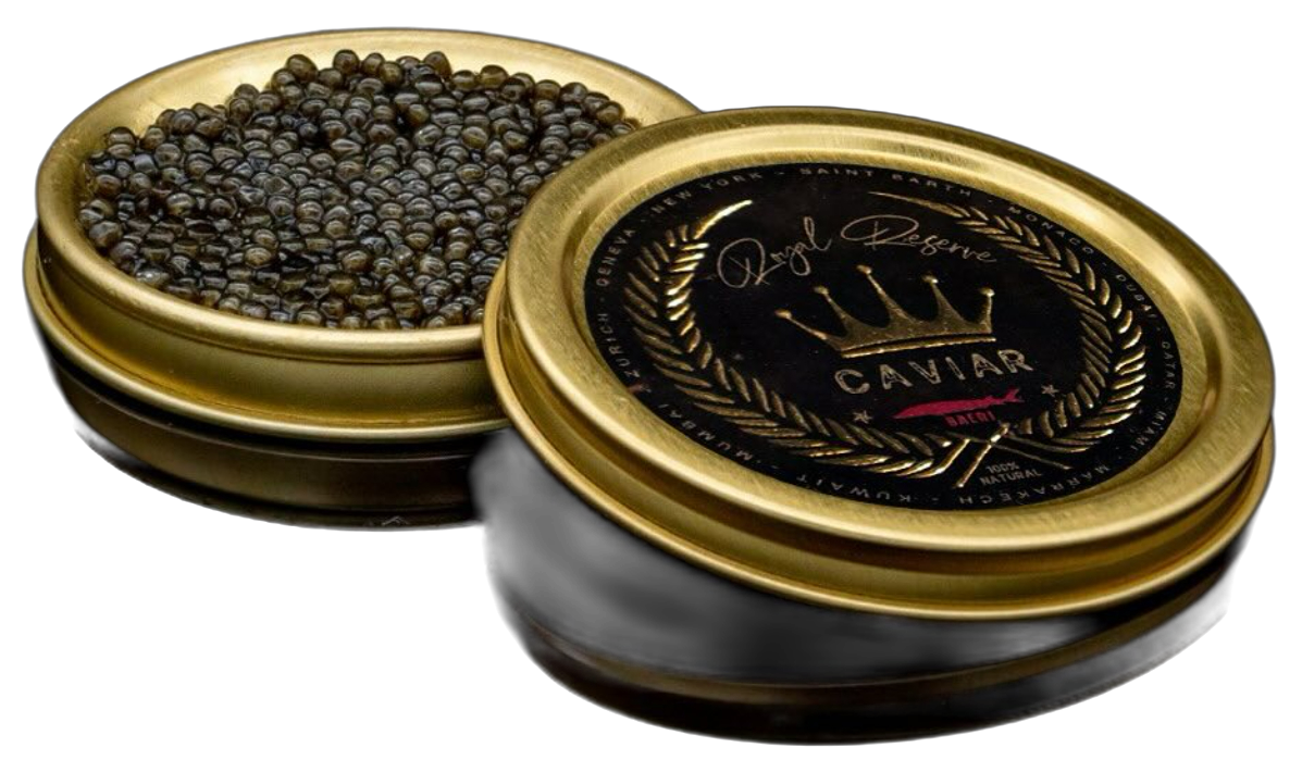 Photographie produit : boîtes de caviar Royal Reserve Baeri, l'une ouverte sur les grains