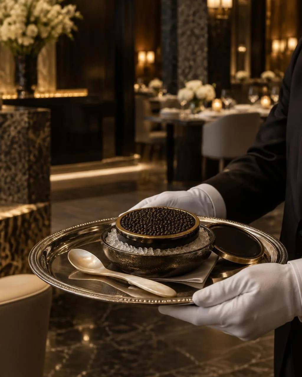 Mise en scène éditoriale créée par IA : service du caviar sur plateau d’argent dans un restaurant d’hôtel