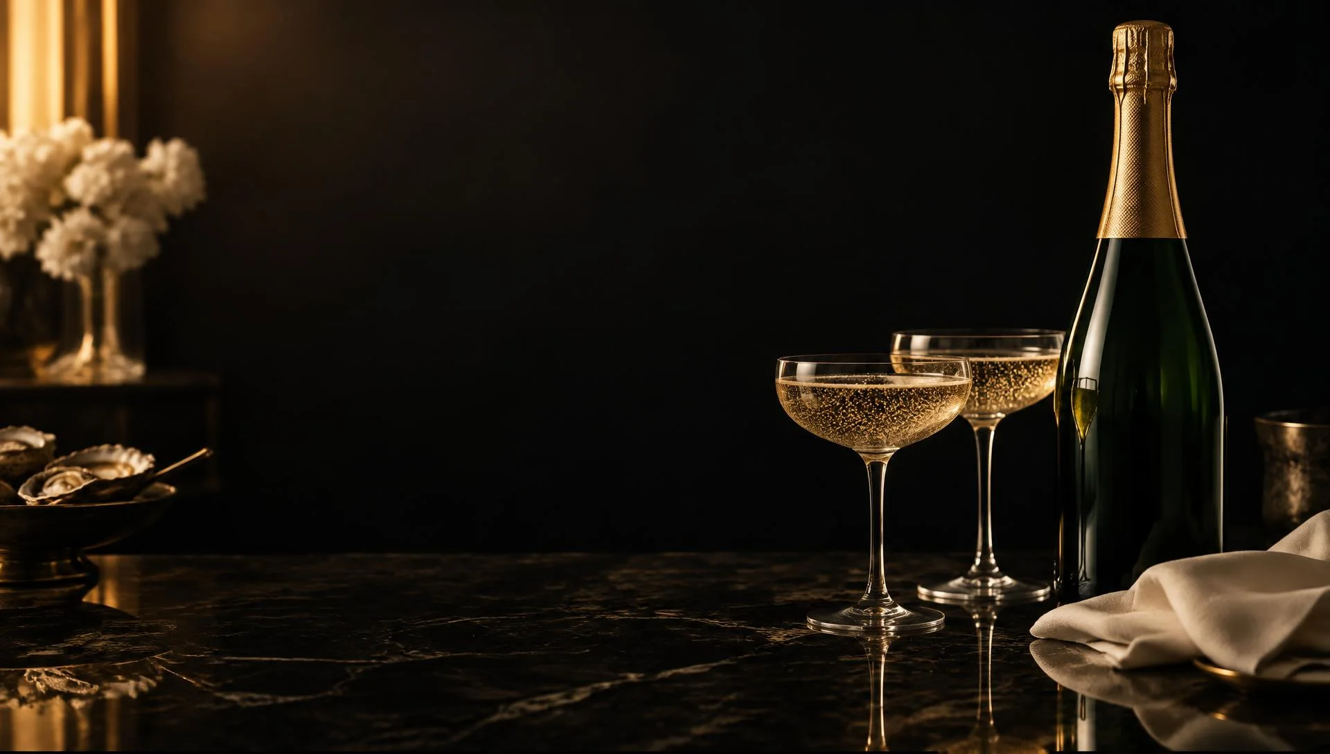 Création éditoriale IA : bouteille de champagne sans étiquette et coupes en cristal sur marbre noir