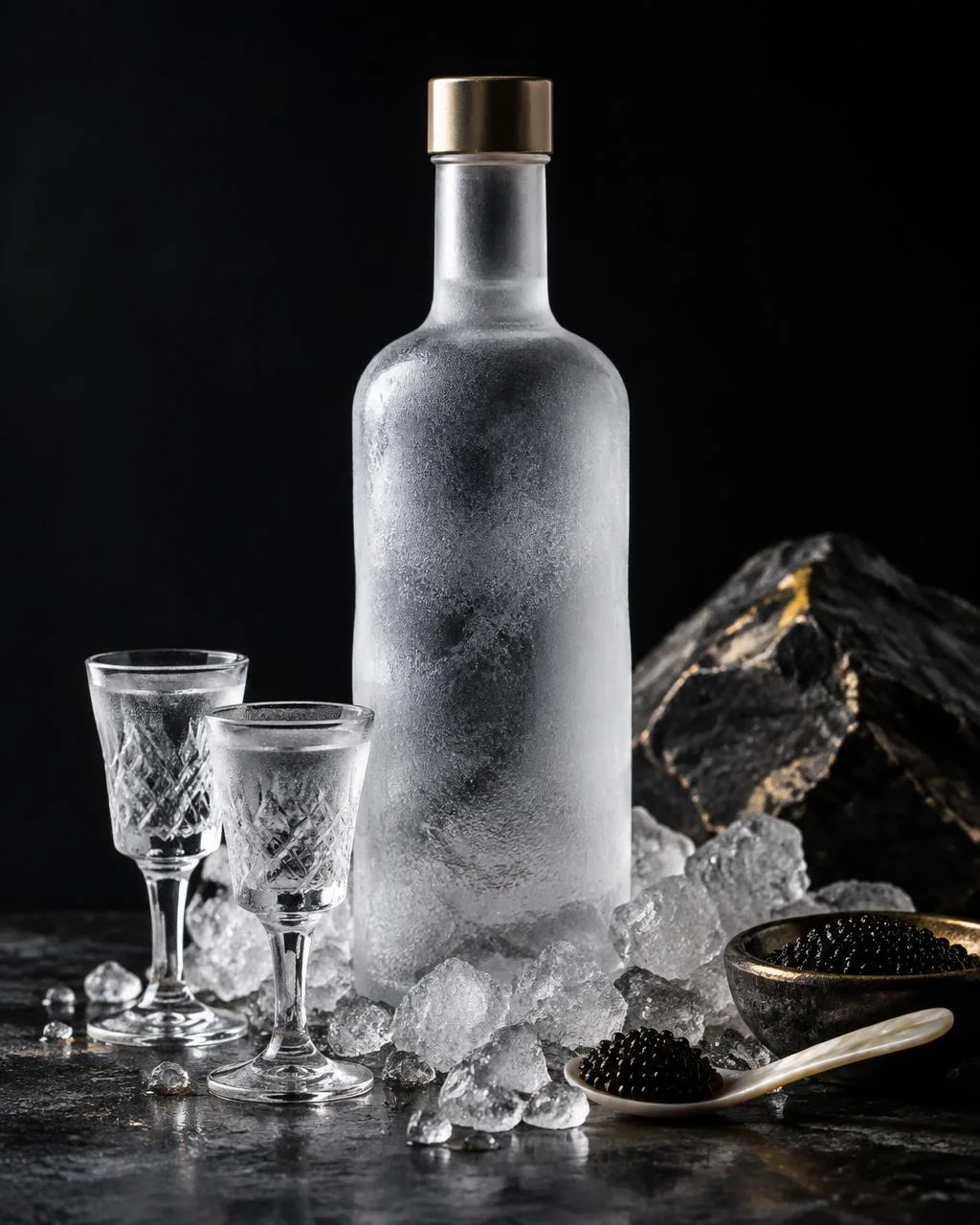 Création éditoriale IA : vodka glacée, verres en cristal et caviar