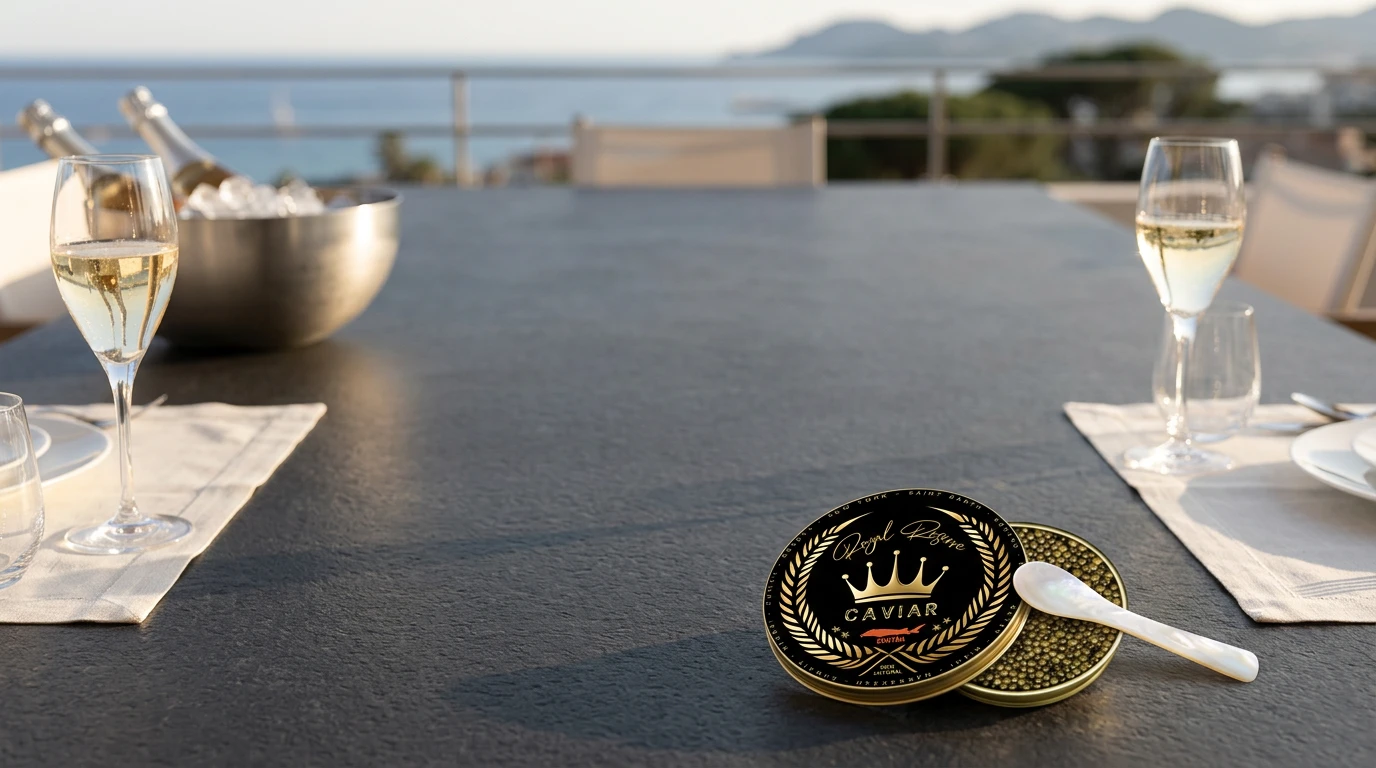 Création éditoriale IA : table de réception Royal Reserve dressée autour du caviar