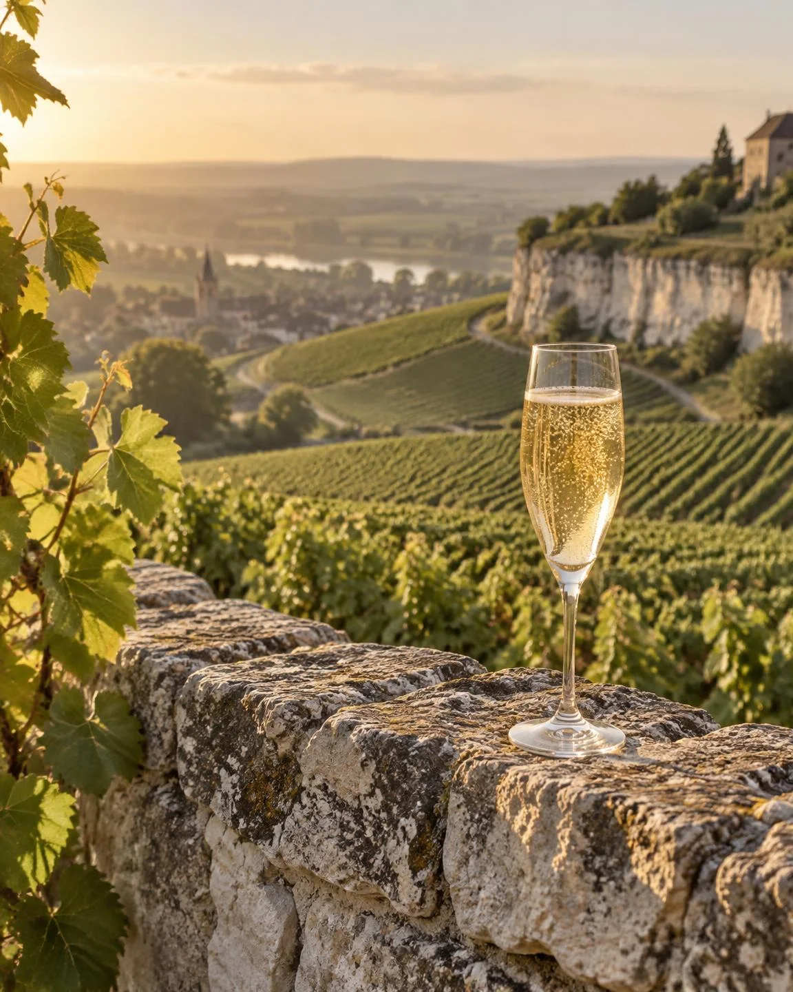 Création éditoriale IA : coteaux de vignes et flûte de champagne sur un muret de pierre
