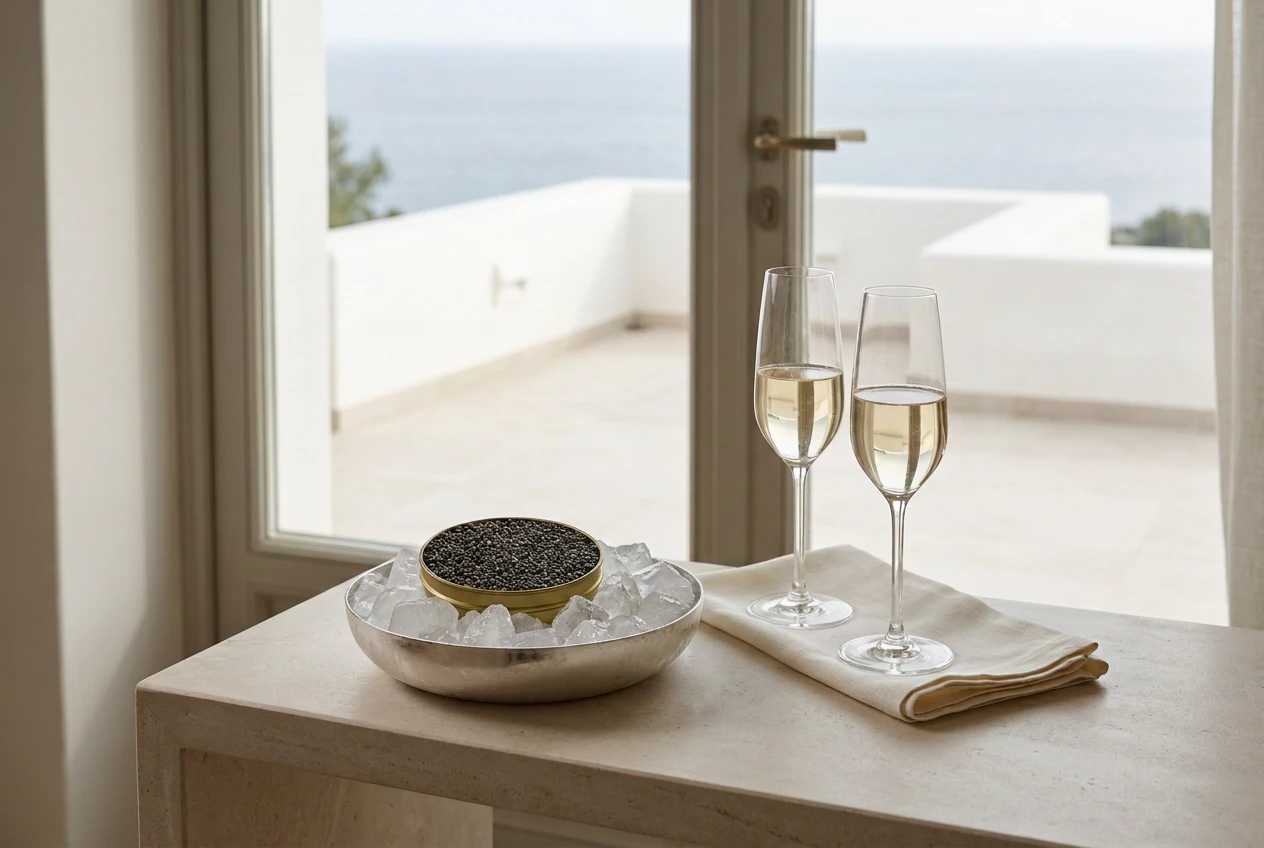 Mise en scène éditoriale créée par IA : caviar sur glace et champagne pour une réception privée