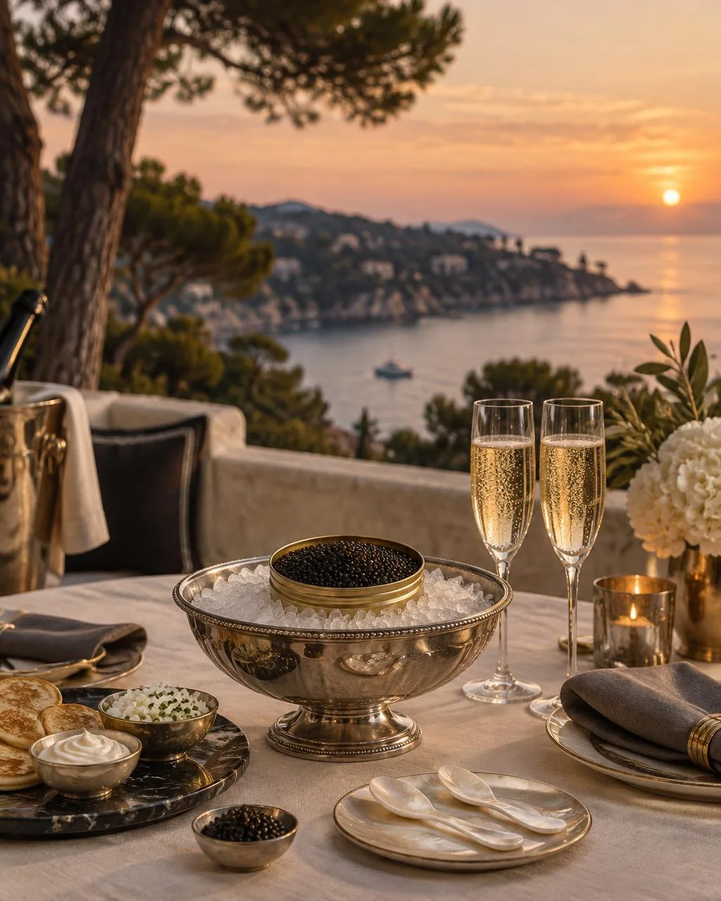 Mise en scène éditoriale créée par IA : caviar sur glace et champagne sur une terrasse de villa face à la Méditerranée