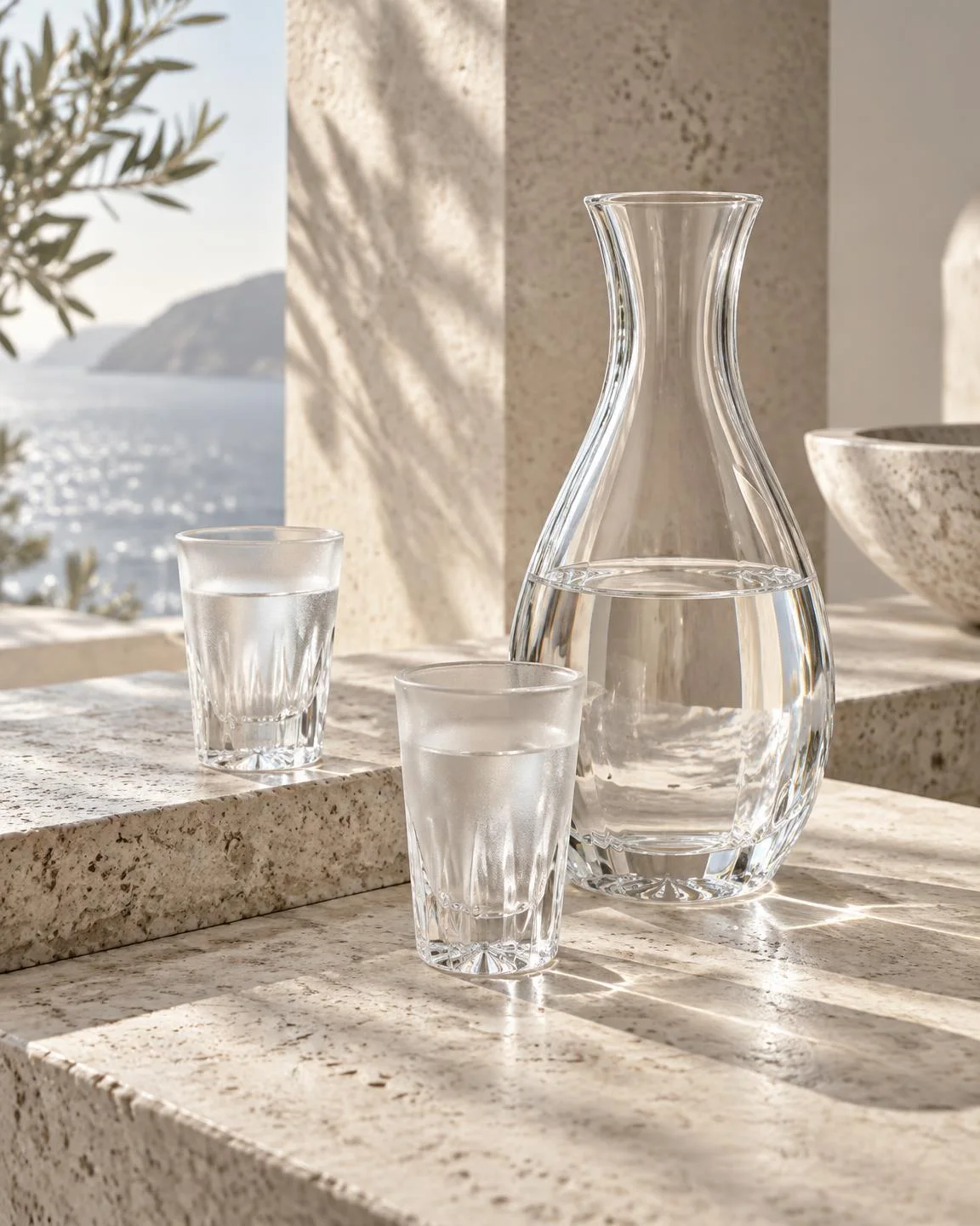 Création éditoriale IA : verres à vodka givrés et carafe sur pierre claire